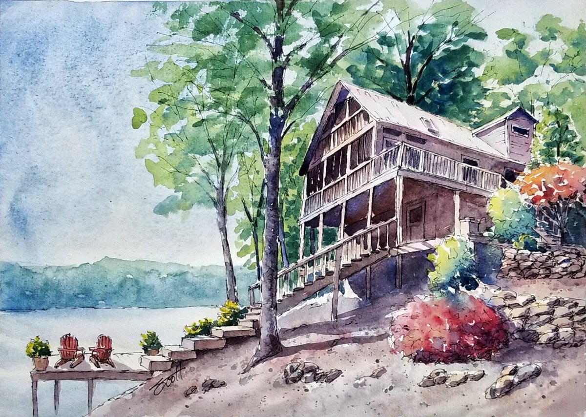 Line and wash commission of a lakeside house