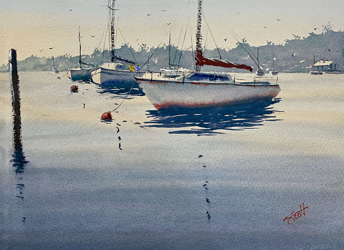A watercolor painting of sailboats at their moorings